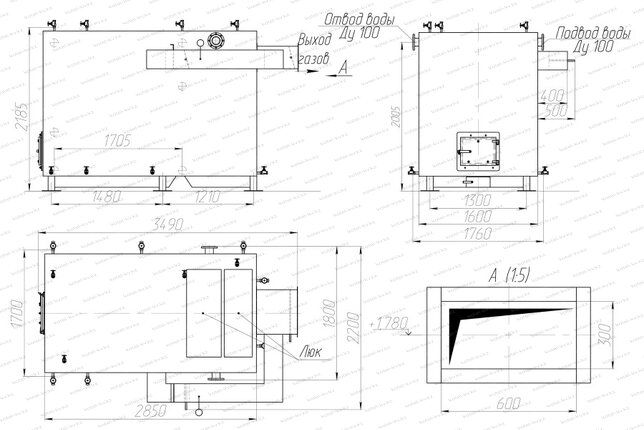 Котел 1100 кВт без дымососа чертеж